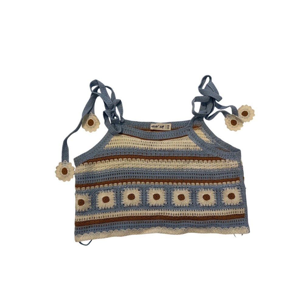 New In Crochet Daisy Floral Knit Camisole Top Blue Brown Boho Festival S/M